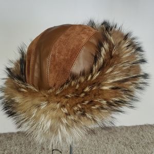 Leather and Suede Hat with Finn Raccoon Trim